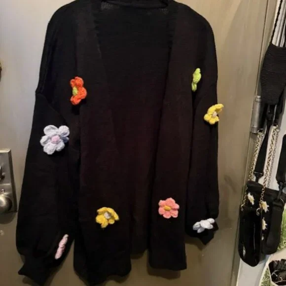 Retro Boho Floral Patched Drop Shoulder Open front Sweater Cardigan - NWOT - Picture 7 of 16